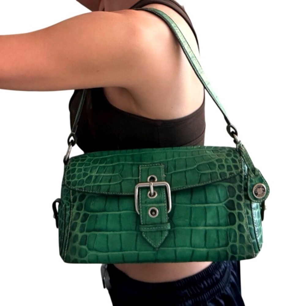 Vintage Y2K Dooney and Bourke Purse Green Croc Baguette Shoulder Bag Buckle - Picture 4 of 14